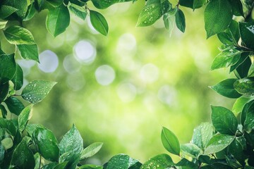 Leinwandbilder - Green leaves frame a blurred background with bokeh effect.