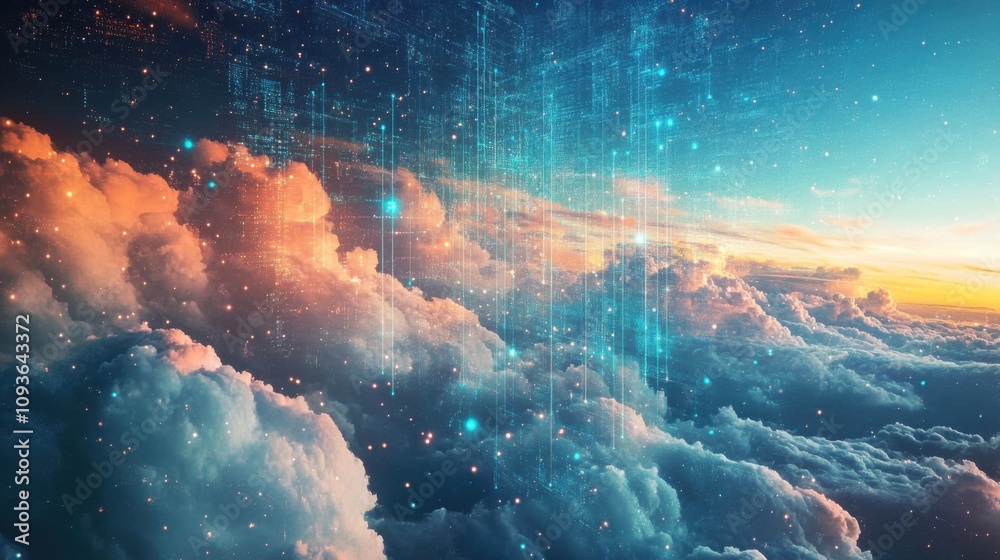 Digital cloud landscape with binary code Stock Photo | Adobe Stock