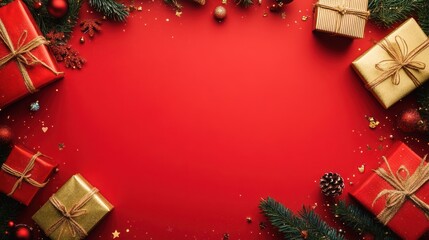 Aufkleber - A red background with wrapped presents, pine branches, ornaments, and gold confetti around a blank space in the middle.