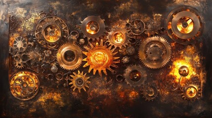 Aufkleber - A fiery abstract background with many golden gears of different sizes, arranged in a chaotic manner. The gears are set against a dark background with fire and sparks.
