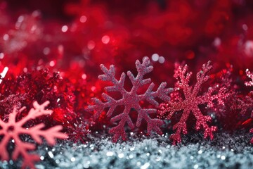 Poster - Close-up of sparkling silver and pink snowflakes on a red sparkly background with bokeh.