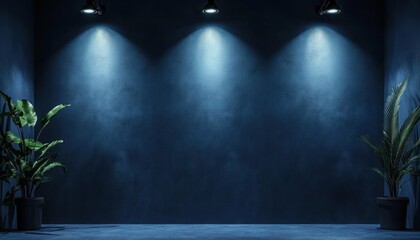 Aufkleber - A dark blue room with three spotlights and two plants in pots.