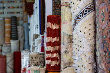 Handmade rugs display in a shop in Tangier, Morocco