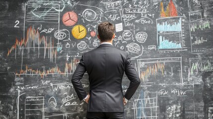 Poster - A businessman stands in front of a chalkboard covered in charts and graphs, contemplating data and ideas.