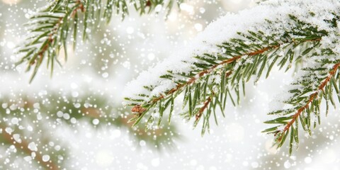 Poster - Snow-covered pine branches with a blurred winter background and snowflakes.