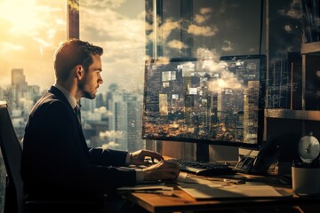 Poster - A businessman working on his computer in an office with a cityscape view.