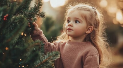 Poster - A young girl with long blonde hair looks up at a Christmas tree with twinkling lights.  She is wearing a pink sweater and is touching a branch of the tree.
