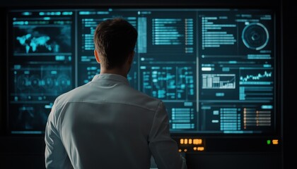 Leinwandbilder - A man stands in front of a large screen displaying a variety of data and charts.