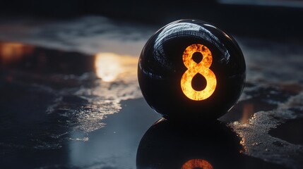 Poster - A black sphere with an orange glowing number eight on it. The sphere is resting on a dark surface that reflects the number eight and a hazy orange light.