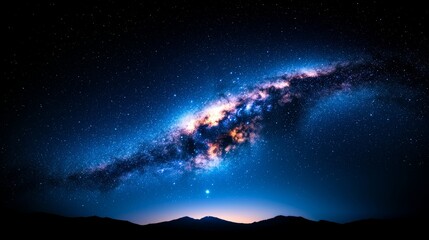 A night sky filled with the Milky Way, featuring stars and cosmic dust against a backdrop of deep space and planets, creating a colorful night landscape.