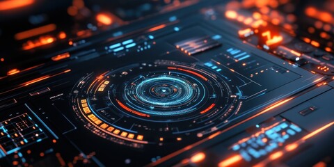 Aufkleber - Abstract futuristic interface with glowing lights and a digital circle in the center.