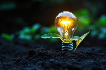 Leinwandbilder - A glowing light bulb emerges from the soil, symbolizing a new idea or innovation growing and flourishing.