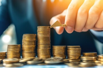 Aufkleber - A hand places a gold arrow on top of a stack of coins, representing financial growth and success.