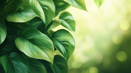Leinwandbilder - Lush green leaves with a blurred background of sunlight and bokeh.