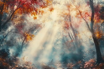 Poster - A magical autumn forest with sunlight filtering through the trees.
