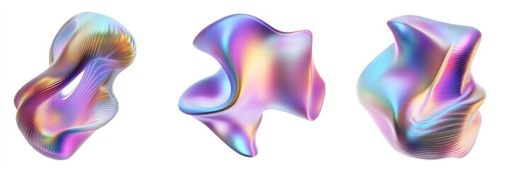 Fototapete - Three abstract iridescent shapes isolated on white background.