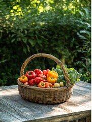 Poster - A wicker basket brimming with vibrant red and yellow peppers, along with cabbages, sits on a rustic wooden table in a lush outdoor setting. Generative AI