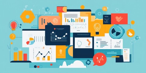 Leinwandbilder - Colorful data analytics charts and graphs with icons and abstract shapes on a light blue background.
