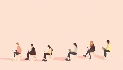 Poster - Six diverse people sitting in a row using laptops.