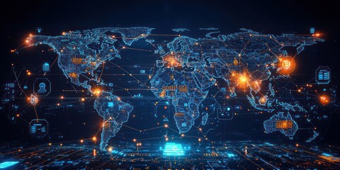 Aufkleber - A Digital World Map with Interconnected Nodes and Data Flows