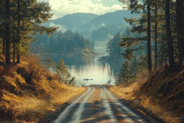 Poster - Winding Road Through a Forest with a Lake and Mountains in the Distance