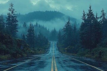 Poster - A Winding Road Through a Misty Forest Under a Gray Sky