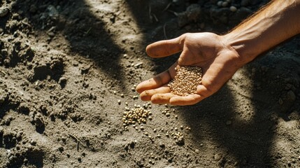 Aufkleber - A hand is scattering seeds across freshly tilled soil, showcasing the act of planting in a garden setting on a sunny day. Generative AI