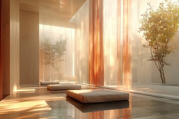 Poster - Two Cushions Resting on a Reflective Floor in a Room with Sheer Curtains and a Tree Outside