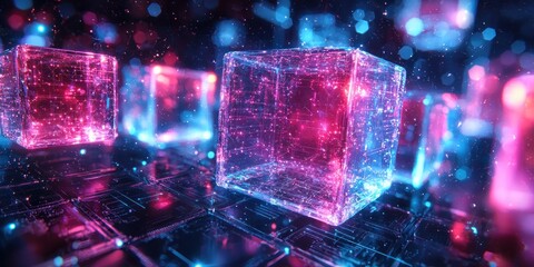 Sticker - Glowing Glass Cubes with Neon Lights and Bokeh