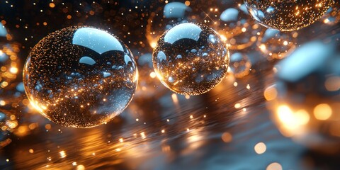 Aufkleber - Glowing orbs reflecting warm light on a dark surface