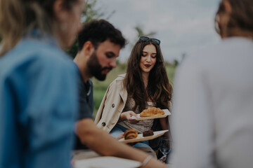 Poster - A group of multiracial friends enjoys a picnic in nature under a cloudy sky. They share food and laughter, creating a warm and friendly atmosphere in the outdoors.