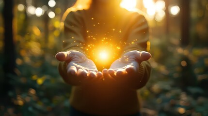 Wall Mural - calm person in tranquil forest clearing with golden light from fingertips, symbolizing focus and inn