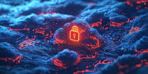 Poster - A glowing cloud with a padlock symbol, representing secure cloud computing.