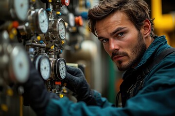 Poster - Young Man Checking Gauges In Industrial Setting