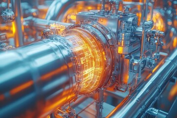 Poster - Close-up of a Futuristic Machine with Orange Glowing Circuits