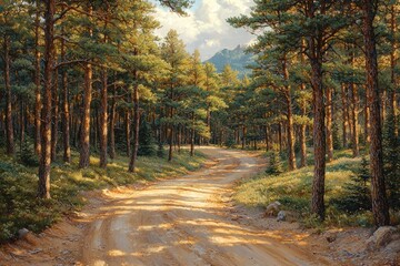 Poster - A Winding Dirt Road Through a Dense Pine Forest Under a Partly Cloudy Sky