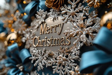 Poster - Golden Merry Christmas Sign Decorated with Glittery Snowflakes