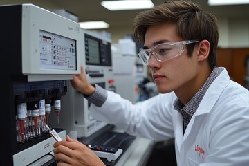 Aufkleber - Young Male Scientist Working with a Laboratory Machine