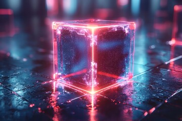 Poster - Glowing Neon Cube on Wet Dark Surface