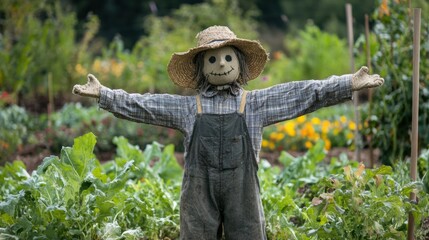 Poster - A scarecrow stands proudly in the center of a flourishing vegetable garden filled with diverse plants and colorful flowers on a sunny day. Generative AI