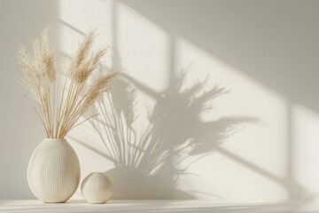 Poster - Dried Pampas Grass in White Vases with Window Light and Shadows