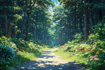 Poster - Sunlit Path Through a Lush Green Forest with Colorful Flowers