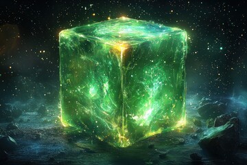 Poster - A Glowing Green Cube Amidst a Starry Sky and Rocks