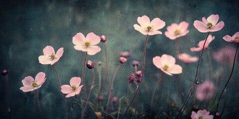 Poster - Delicate Pink Flowers Against a Textured Blue-Green Background