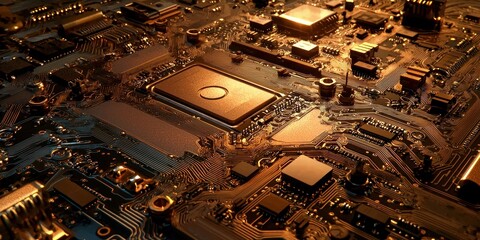 Poster - Golden Circuit Board with Integrated Circuit Chip