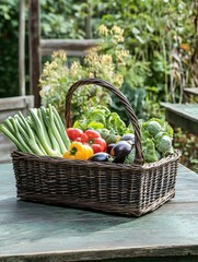 Aufkleber - A wicker basket brimming with fresh vegetables is placed on a wooden table surrounded by lush greenery in a peaceful garden. Generative AI