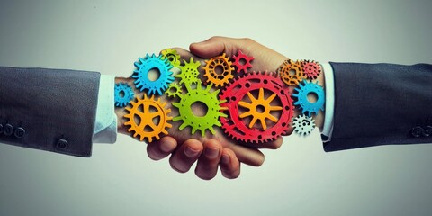 Aufkleber - Two Hands Shaking With Interlocking Colorful Cogs