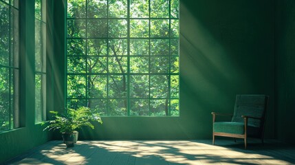 Poster - Sunlit Room with Green Walls and a Window View of Lush Trees