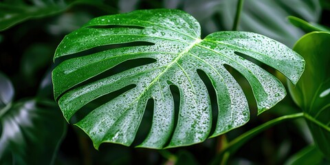 Poster - Close-up of a Monstera Deliciosa Leaf Covered in Water Droplets