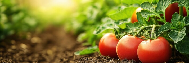 Poster - A flourishing garden bed showcases ripe tomatoes nestled among vibrant greens, reflecting a sunny afternoon in mid-summer. Generative AI